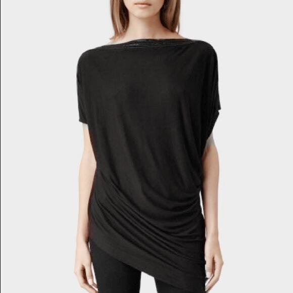 All Saints Oriel Slouchy Tee Size 8 Embellished Boat Neck Asymmetrical Black Top - Picture 1 of 12